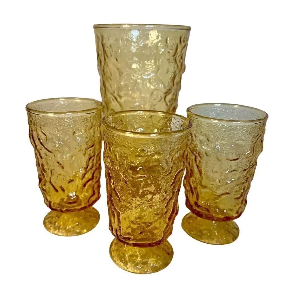 Anchor Hocking Vintage Lido Milan Amber Honey Crinkle Glasses 3 Juice, 1 Tumbler